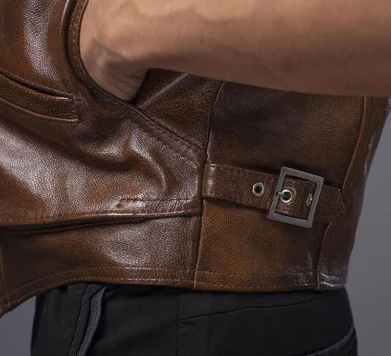 Gilet biker en cuir marron vintage