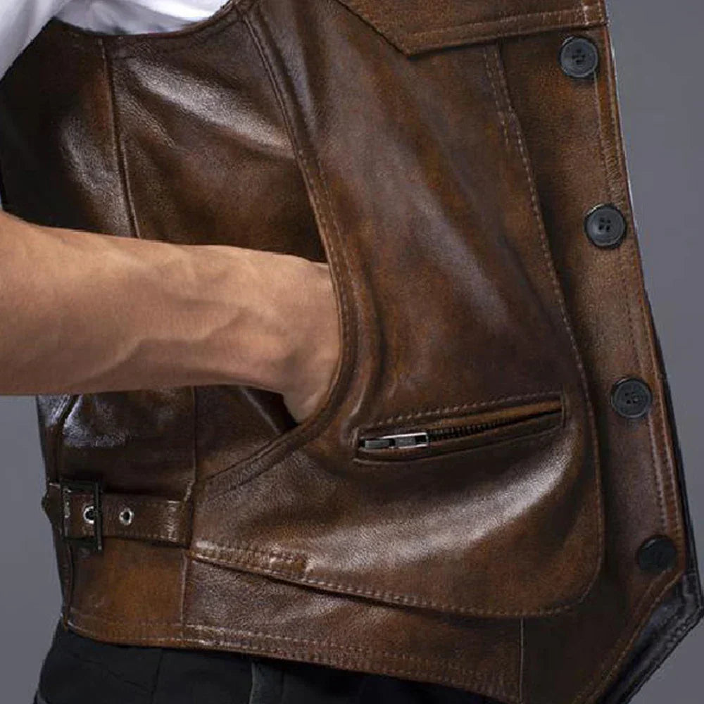 Gilet biker en cuir marron vintage