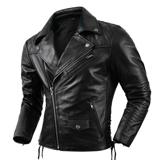 Veste biker en cuir noir pour homme type perfecto